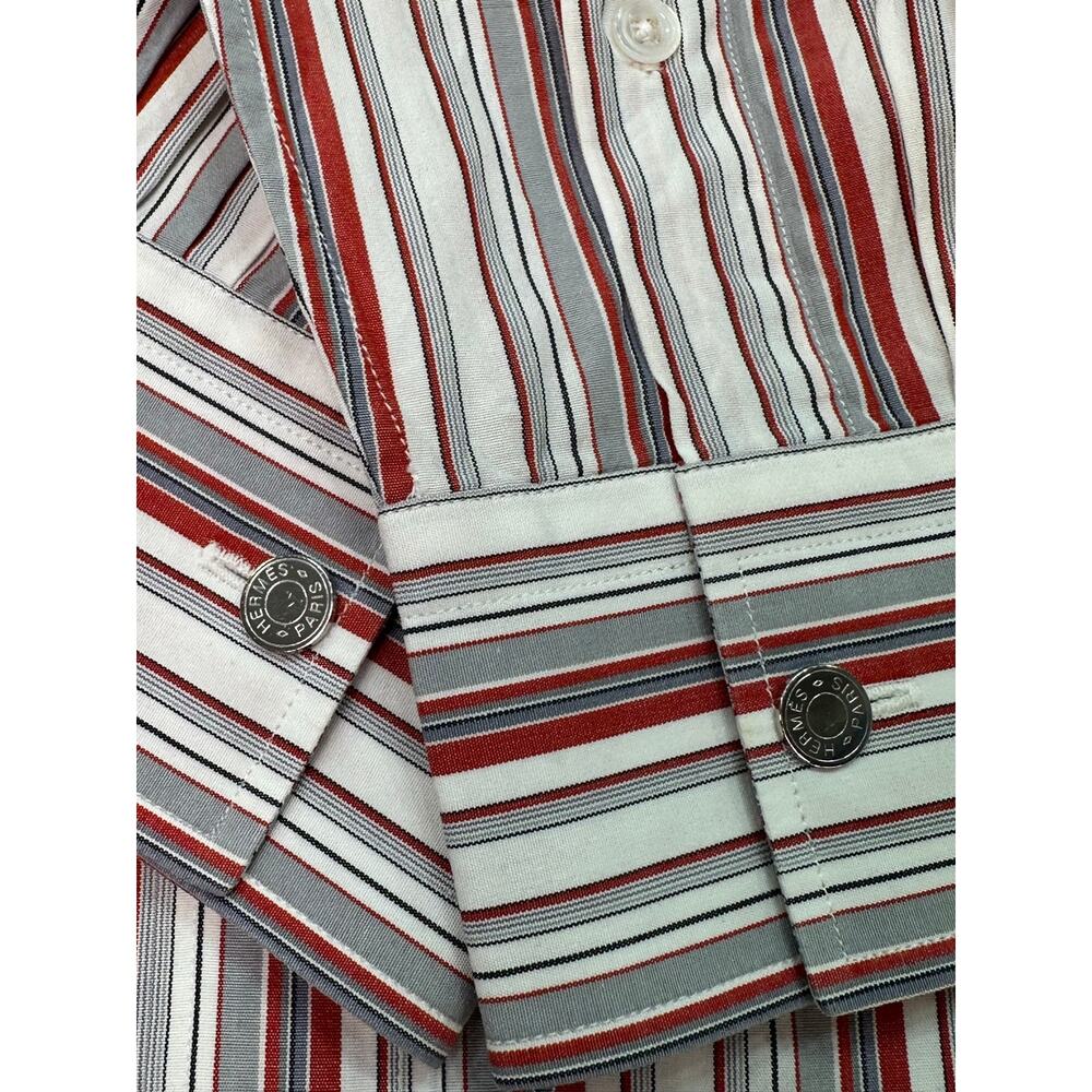 Vintage Hermès Red & Gray Striped Cotton Designer Dress Shirt Size 16/41 (L) - Picture 6 of 11